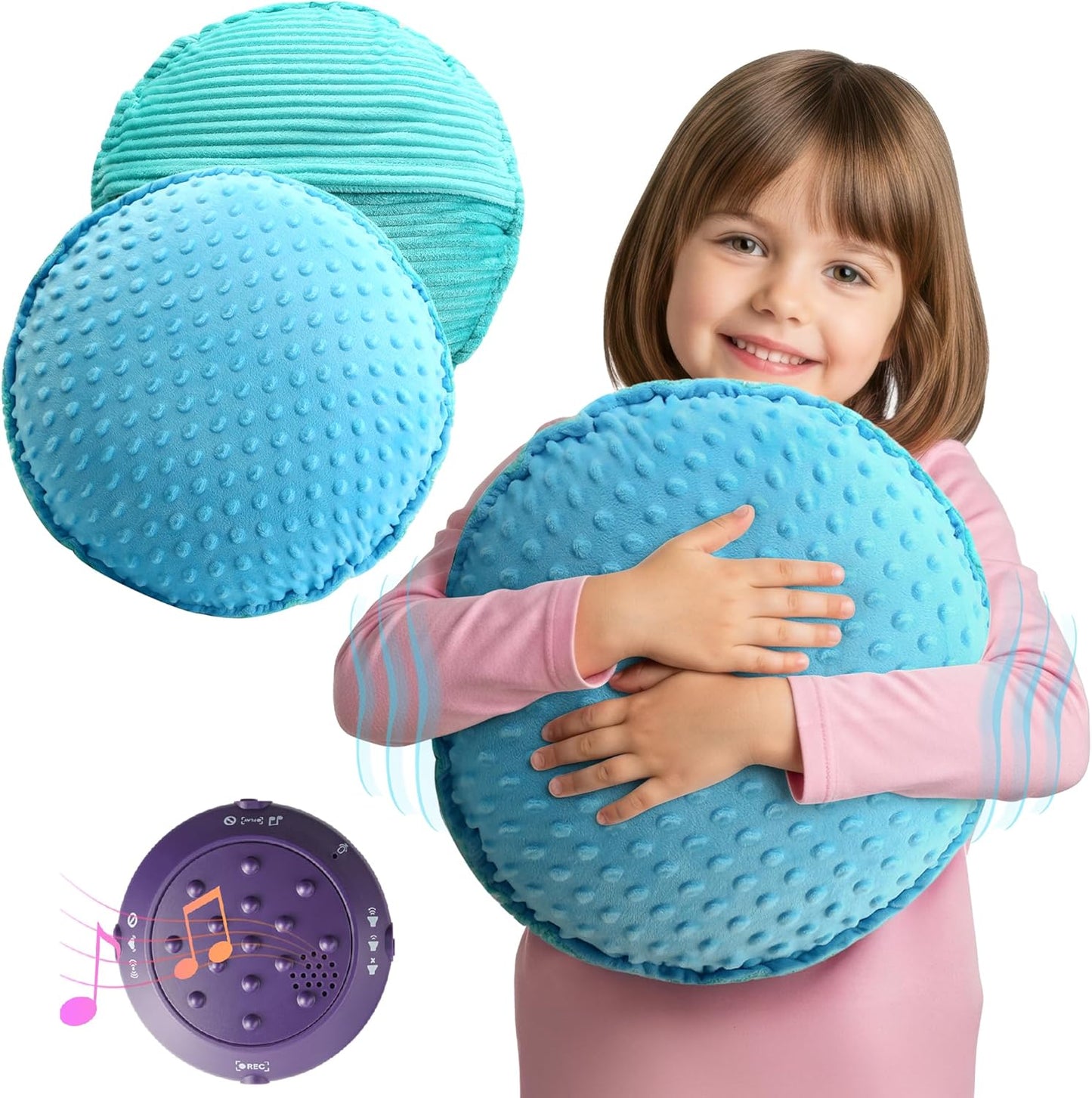 Special Supplies Vibrating Pillow Sensory Pressure Activated Calm for Kids and Adults, 14” Plush Soft Cover- Textured Therapy Stimulation Bumps, 3 Vibration Modes, Music & Voice Recording (Blue-Green)