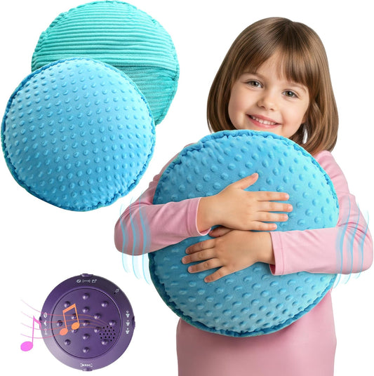 Special Supplies Vibrating Pillow Sensory Pressure Activated Calm for Kids and Adults, 14” Plush Soft Cover- Textured Therapy Stimulation Bumps, 3 Vibration Modes, Music & Voice Recording (Blue-Green)