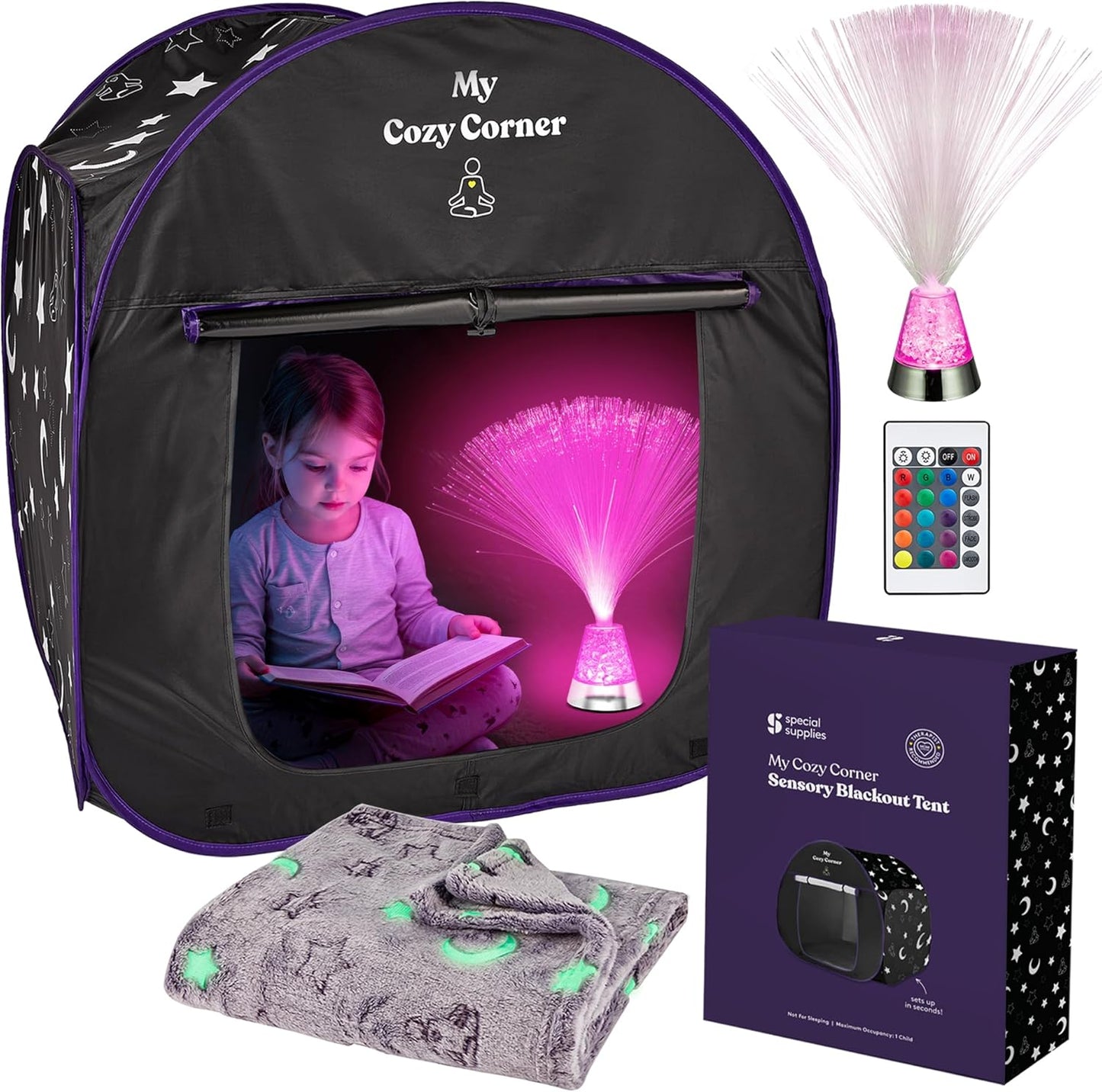 Blackout Sensory Tent for Kids, Pop Up Calming Play Room with Fiber Optic Lamp and Glow-in-The-Dark Fuzzy Blanket