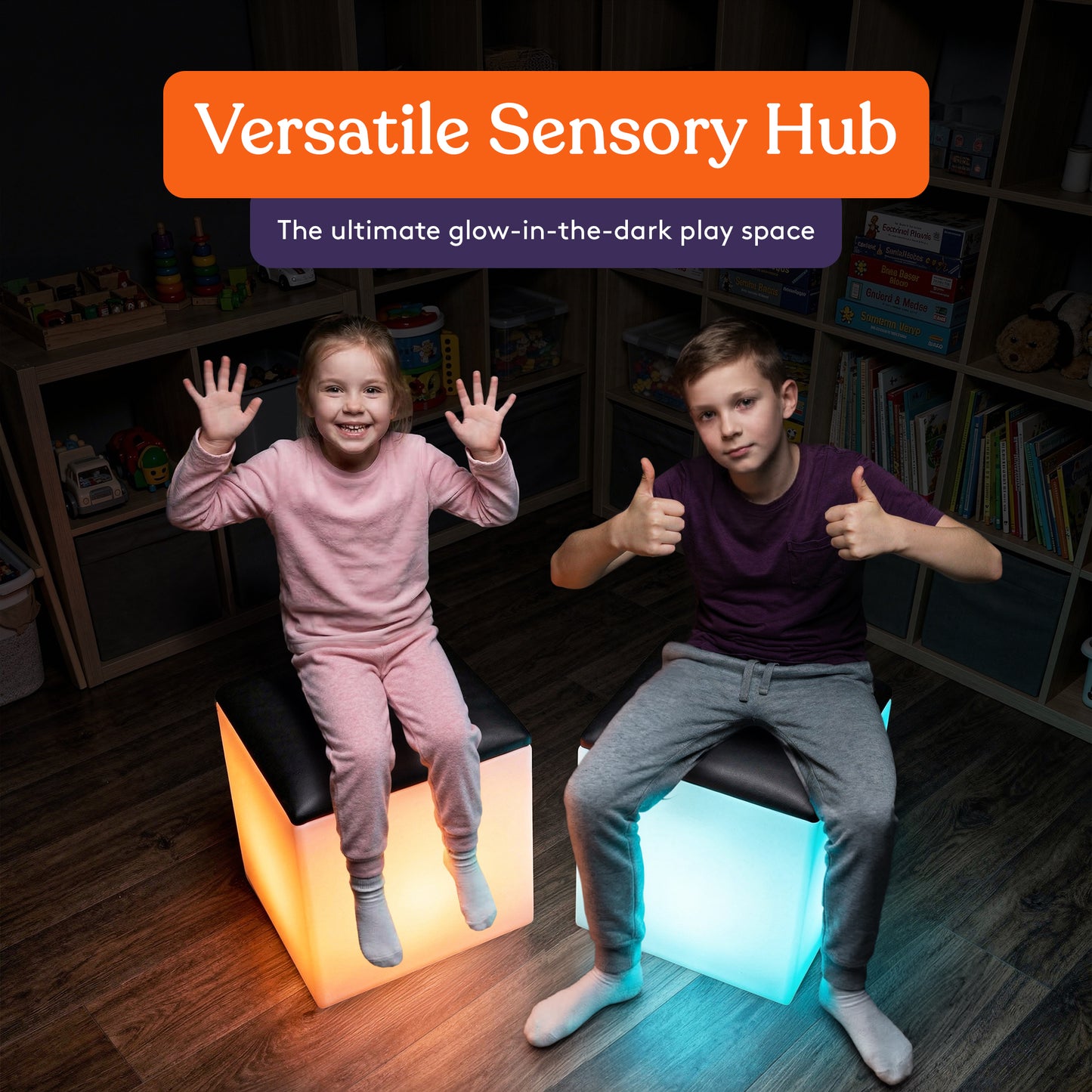 Special Supplies LED Cube Light‑Up Chair/Table Set – Color Changing Glow Cube Furniture, Mood Lighting, RGB LED Seat/Table for Sensory Play, Home and School (16")