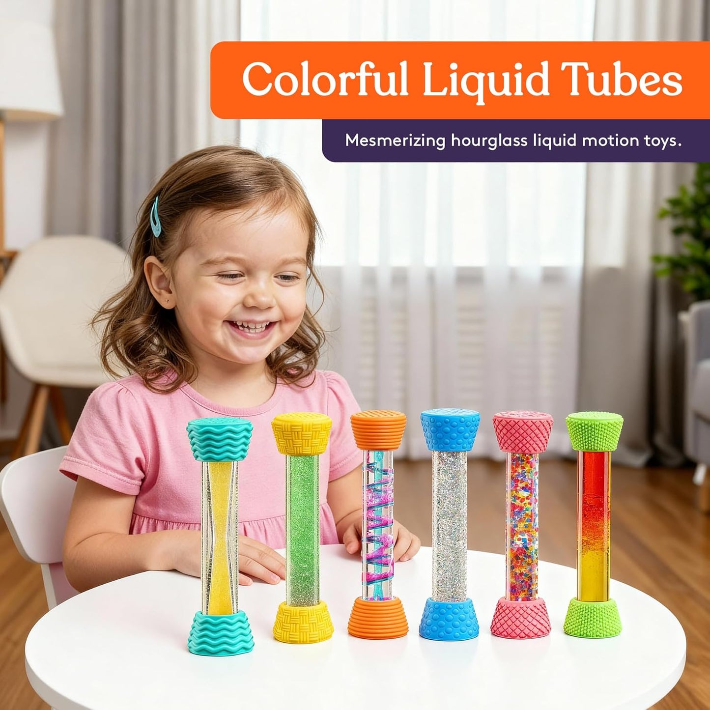 Special Supplies Liquid Motion Bubbler Toy Cool Tubes 6-Pack Colorful Hourglass Timer with Droplet Movement, Bedroom, Sensory Play, Cool Home or School, with Silicone Textured Covers