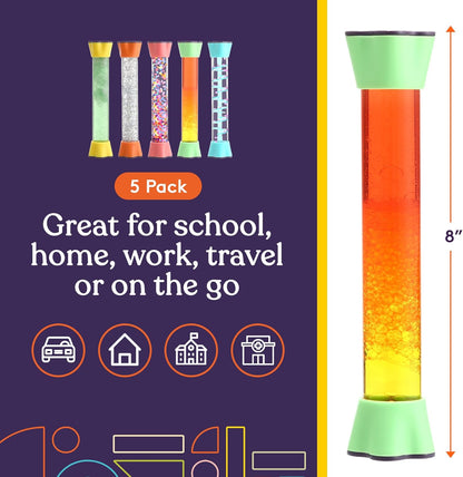 Liquid Motion Bubbler Toy Cool Tubes 5-Pack Colorful Hourglass Timer with Droplet Movement, Bedroom, Sensory Play, Cool Home or School