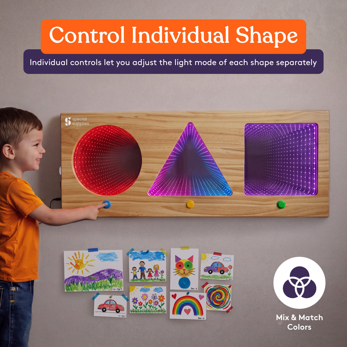 Special Supplies Geometric LED Infinity Mirror Sensory Wall Panel 3 Illuminated Infinity Shapes, Interactive Push-Button LED Controls, Deep Tunnel Light Effect, Sensory Visual Stimulation