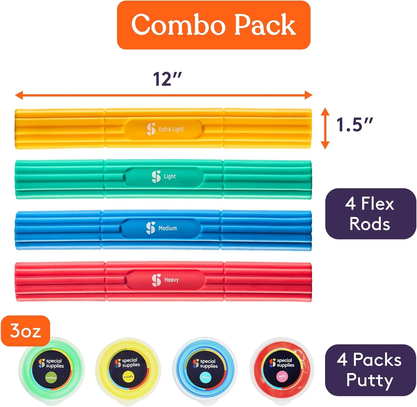 Special Supplies Physical Hand Therapy Kit, 4 Pack Putty, 3 Flexbars