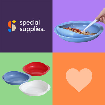 Special Supplies Adaptive Spill-Proof Scoop Plates- Dishes with Wall for Disabled, Elderly Adults with Special Needs from Parkinson's, Dementia, Tremors- 3 Pack (White, Blue, Red)