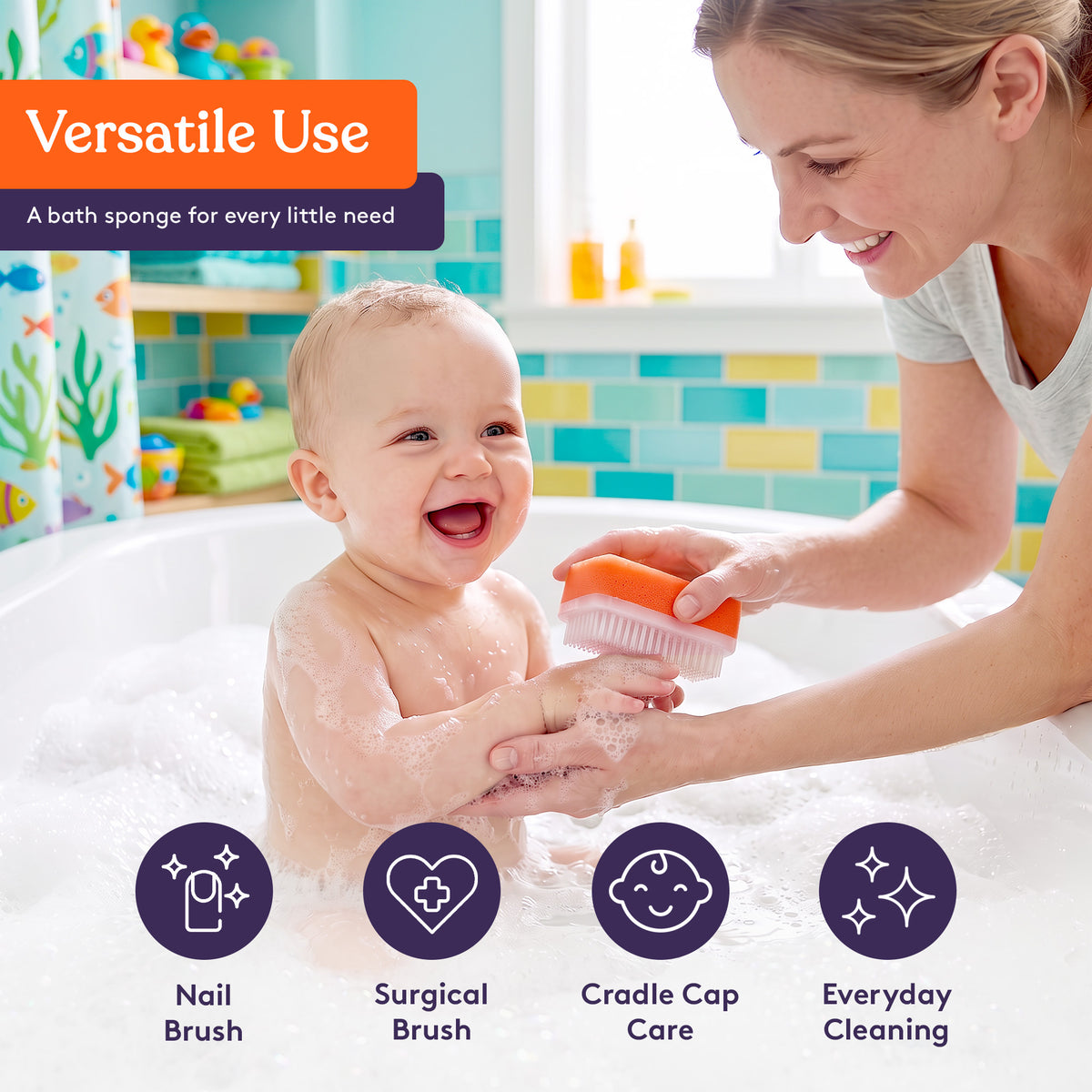 Special Supplies Baby Bath Sponges Soft Foam Sensory Scrubber with Cradle Cap Bristle Brush - Body, Hair, and Scalp Cleaning - Gentle on Infant, Toddler Sensitive Skin - Great Sensory Feel
