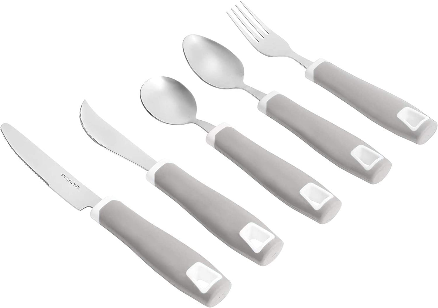 Set of 5 Gray Adaptive Utensils - Stainless Steel Knife, Rocker Knife, Fork, Soup Spoon, Dinner Spoon