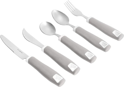 Set of 5 Gray Adaptive Utensils - Stainless Steel Knife, Rocker Knife, Fork, Soup Spoon, Dinner Spoon