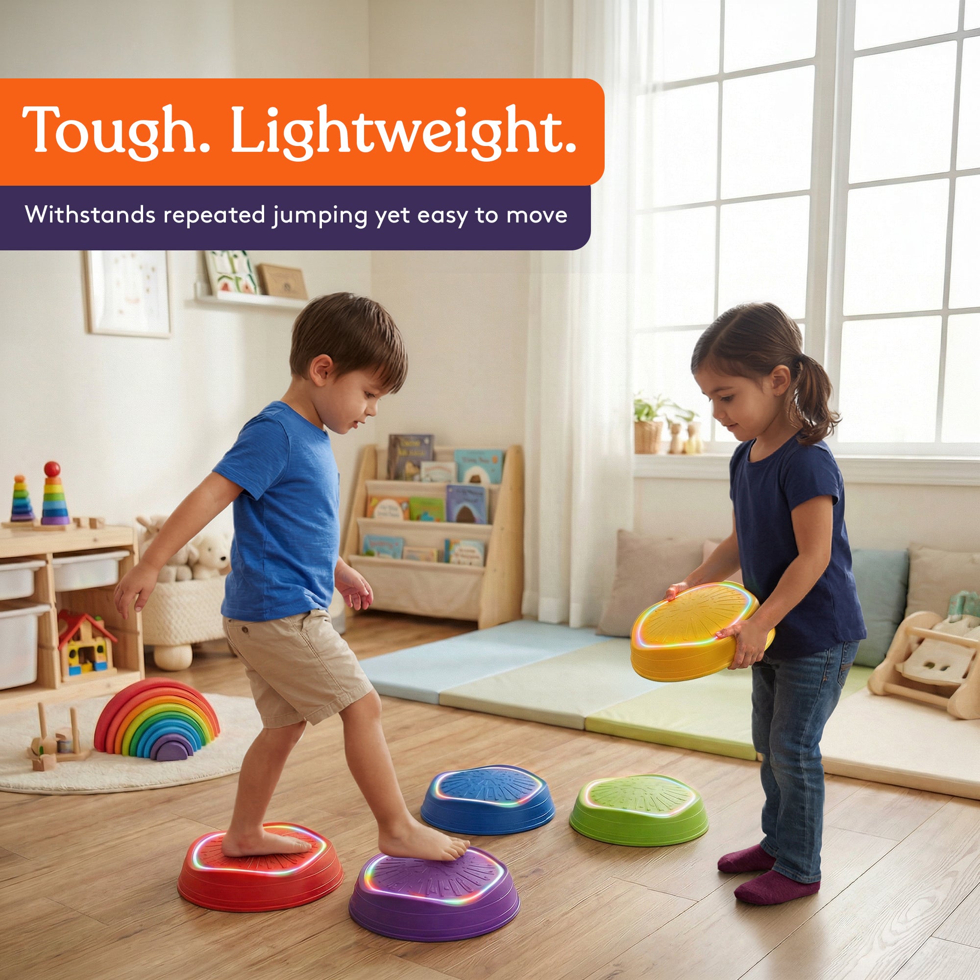 Special Supplies Musical LED Stepping Stones for Kids Balance Blocks Promote Coordination, Balance, Strength Child Safe Rubber, Set of 5
