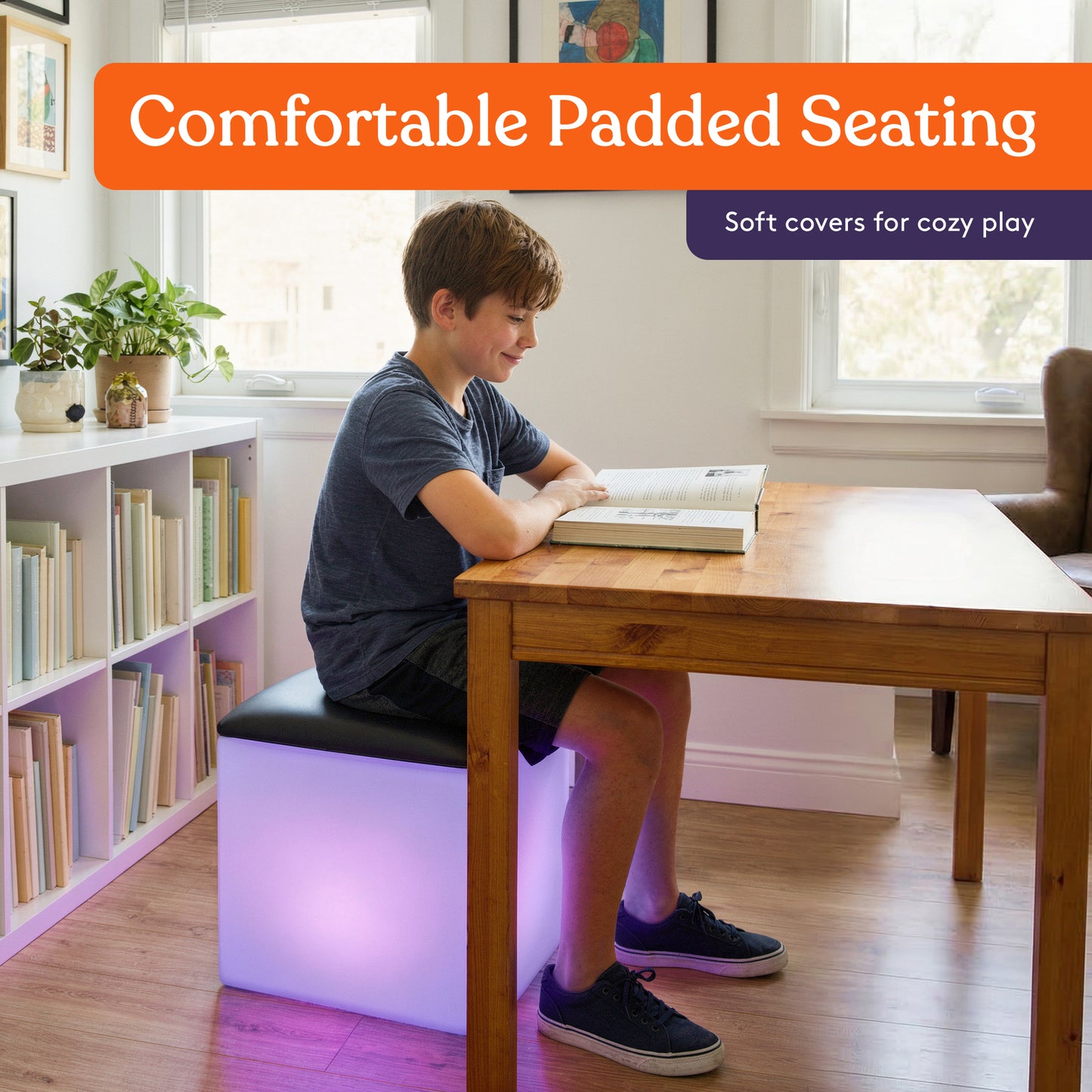 Special Supplies LED Cube Light‑Up Chair/Table Set – Color Changing Glow Cube Furniture, Mood Lighting, RGB LED Seat/Table for Sensory Play, Home and School (16")