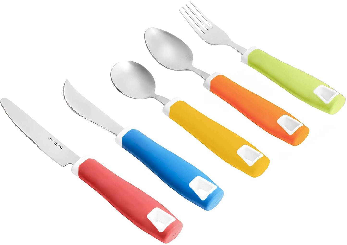 Set of 5 Colored Adaptive Utensils - Stainless Steel Knife, Rocker Knife, Fork, Soup Spoon, Dinner Spoon