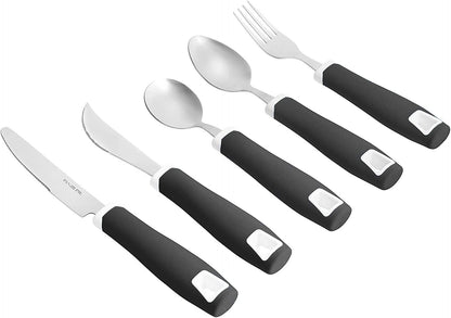 Set of 5 Black Adaptive Utensils - Stainless Steel Knife, Rocker Knife, Fork, Soup Spoon, Dinner Spoon