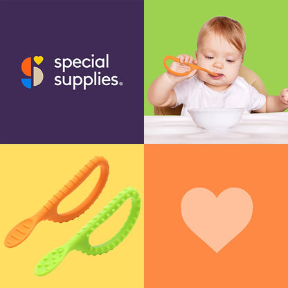 Special Supplies Duo Spoon Loops Oral Motor Therapy Tools, 2 Pack, Textured Stimulation and Sensory Input Treatment for Babies, Toddlers or Kids, BPA Free Silicone with Flexible, Easy Handle-Green & Orange