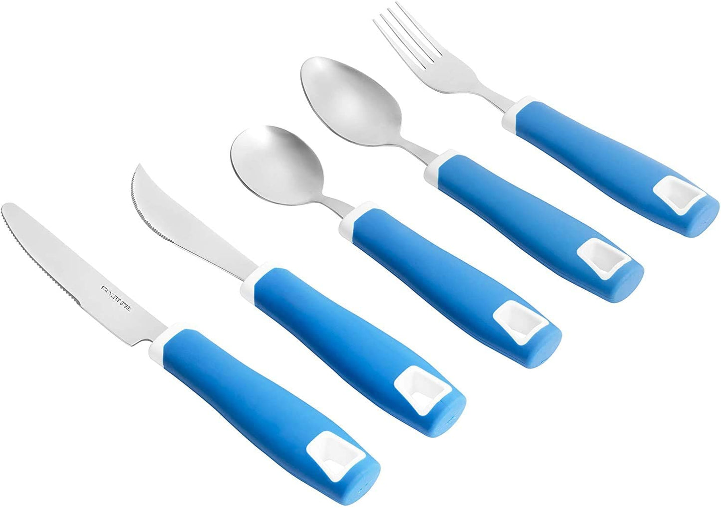 Set of 5 Blue Adaptive Utensils - Stainless Steel Knife, Rocker Knife, Fork, Soup Spoon, Dinner Spoon