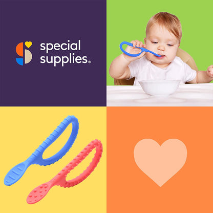 Special Supplies Duo Spoon Loops Oral Motor Therapy Tools, 2 Pack, Textured Stimulation and Sensory Input Treatment for Babies, Toddlers or Kids, BPA Free Silicone with Flexible, Easy Handle-Red & Blue