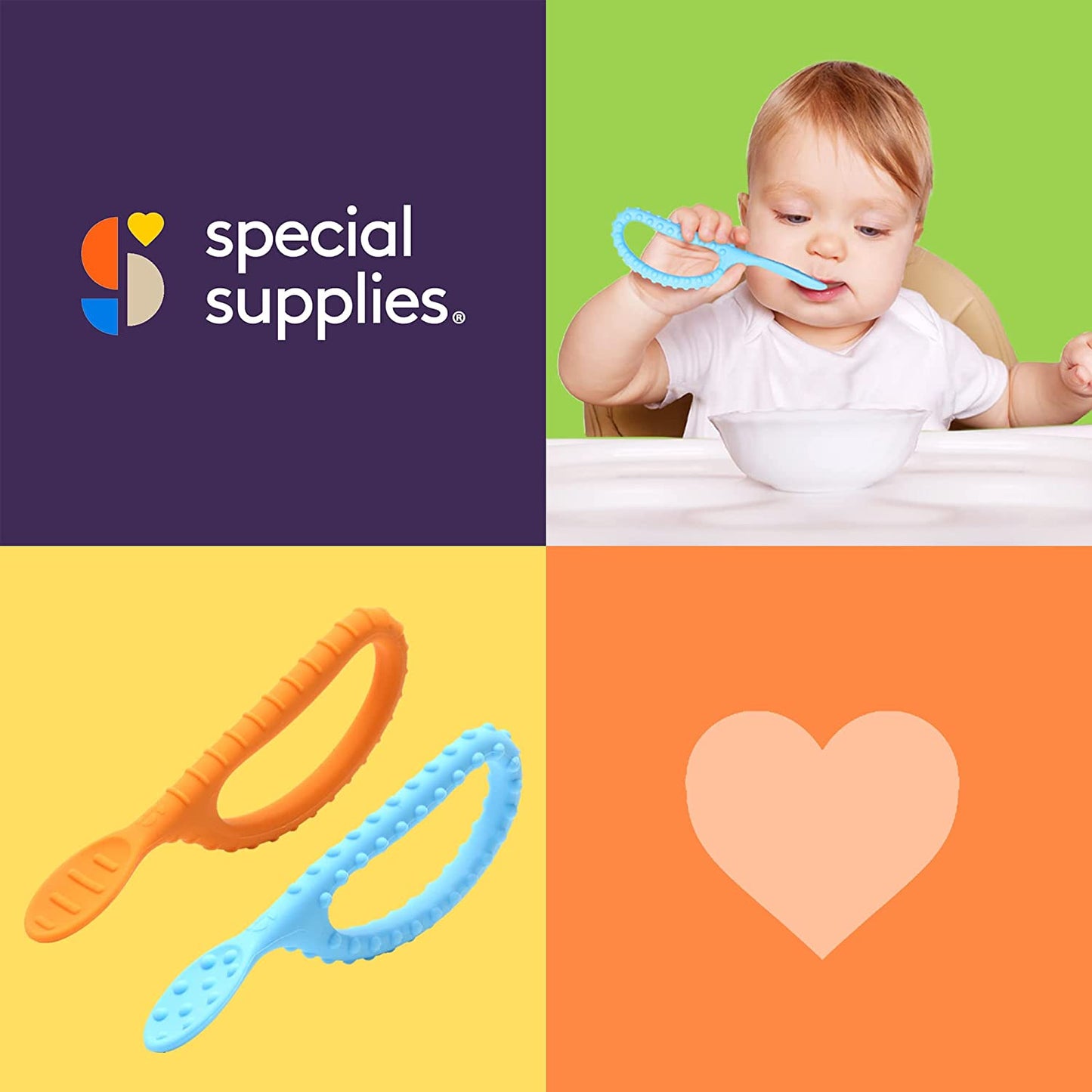 Special Supplies Duo Spoon Loops Oral Motor Therapy Tools, 2 Pack, Textured Stimulation and Sensory Input Treatment for Babies, Toddlers or Kids, BPA Free Silicone with Flexible, Easy Handle-Blue & Orange