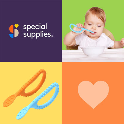 Special Supplies Duo Spoon Loops Oral Motor Therapy Tools, 2 Pack, Textured Stimulation and Sensory Input Treatment for Babies, Toddlers or Kids, BPA Free Silicone with Flexible, Easy Handle-Blue & Orange