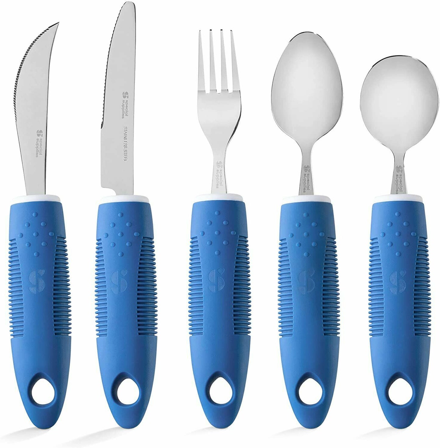 Adaptive Utensils (5-Piece Kitchen Set) Wide, Non-Weighted, Non-Slip Handles for Hand Tremors, Arthritis, Parkinson?s or Elderly Use - Stainless Steel Knives, Fork, Spoons - Blue