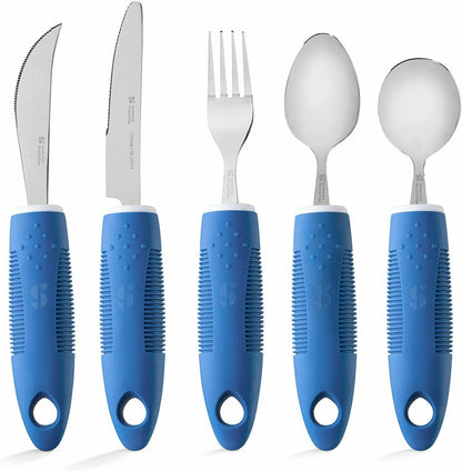 Adaptive Utensils (5-Piece Kitchen Set) Wide, Non-Weighted, Non-Slip Handles for Hand Tremors, Arthritis, Parkinson?s or Elderly Use - Stainless Steel Knives, Fork, Spoons - Blue