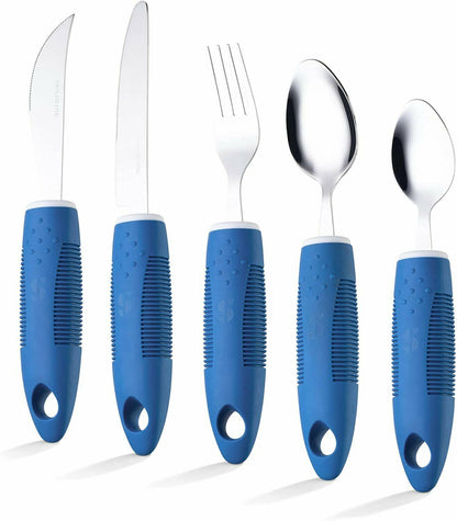 Adaptive Utensils (5-Piece Kitchen Set) Wide, Non-Weighted, Non-Slip Handles for Hand Tremors, Arthritis, Parkinson?s or Elderly Use - Stainless Steel Knives, Fork, Spoons - Blue