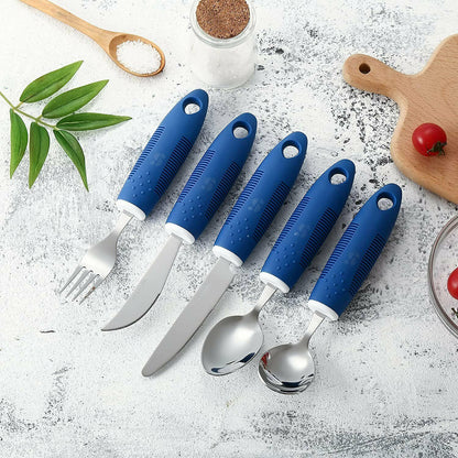 Adaptive Utensils (5-Piece Kitchen Set) Wide, Non-Weighted, Non-Slip Handles for Hand Tremors, Arthritis, Parkinson?s or Elderly Use - Stainless Steel Knives, Fork, Spoons - Blue