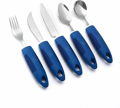 Adaptive Utensils (5-Piece Kitchen Set) Wide, Non-Weighted, Non-Slip Handles for Hand Tremors, Arthritis, Parkinson?s or Elderly Use - Stainless Steel Knives, Fork, Spoons - Blue
