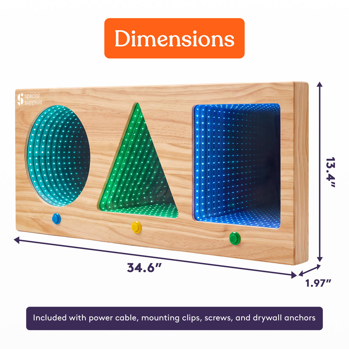 Special Supplies Geometric LED Infinity Mirror Sensory Wall Panel 3 Illuminated Infinity Shapes, Interactive Push-Button LED Controls, Deep Tunnel Light Effect, Sensory Visual Stimulation