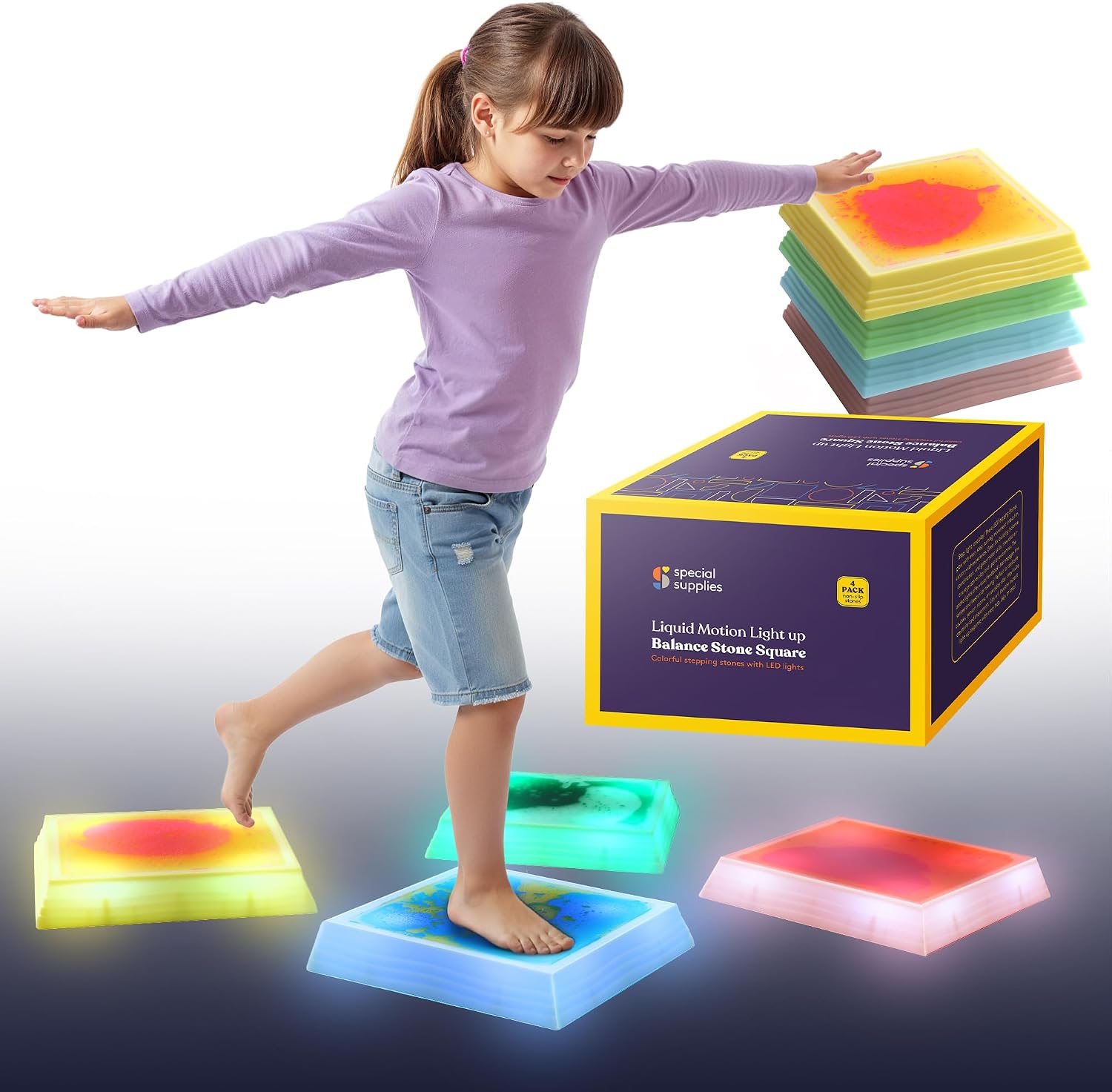 Special Supplies Liquid Gel LED Stepping Stones for Kids - Light-Up Circle Balance Blocks - Promote Coordination, Balance, Strength for Toddlers & Children - Durable Non-Slip Rubber, Safe Indoor & Outdoor Play - 4 Pack