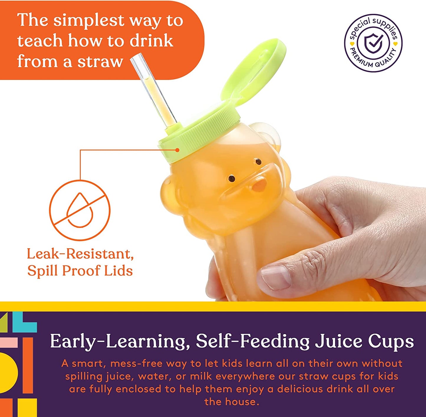 4-Pack Juice Buddies straw cup Long Straws, Squeezable Therapy and Special Needs Assistive Drink Container, Spill Proof and Leak Resistant Lid