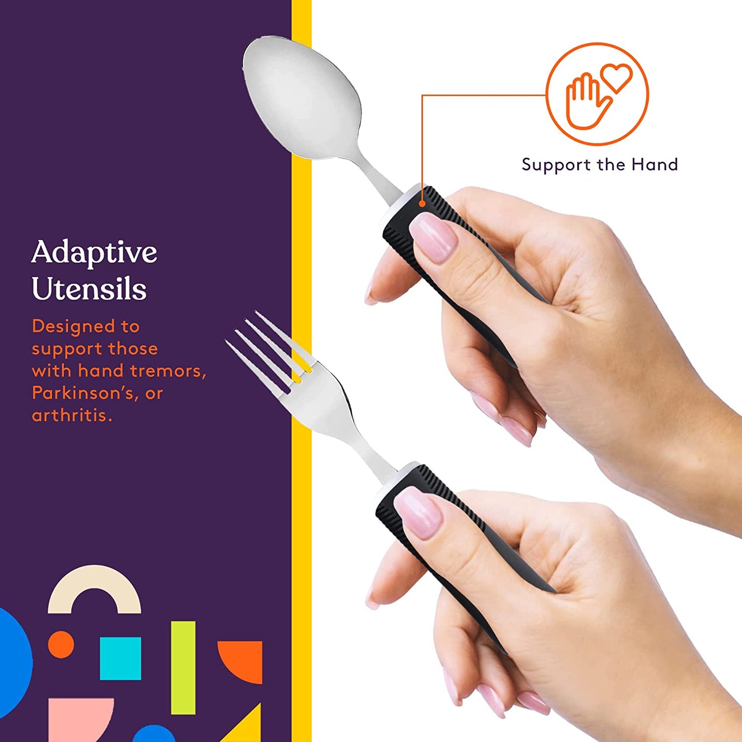 Adaptive Utensils - Arthritis Aid Silverware Set for Parkinsons, Hand Tremors - Easy Grip for Shaking, Elderly & Trembling Hands - Stainless Steel Spoons, Fork & Knifes Included - Black