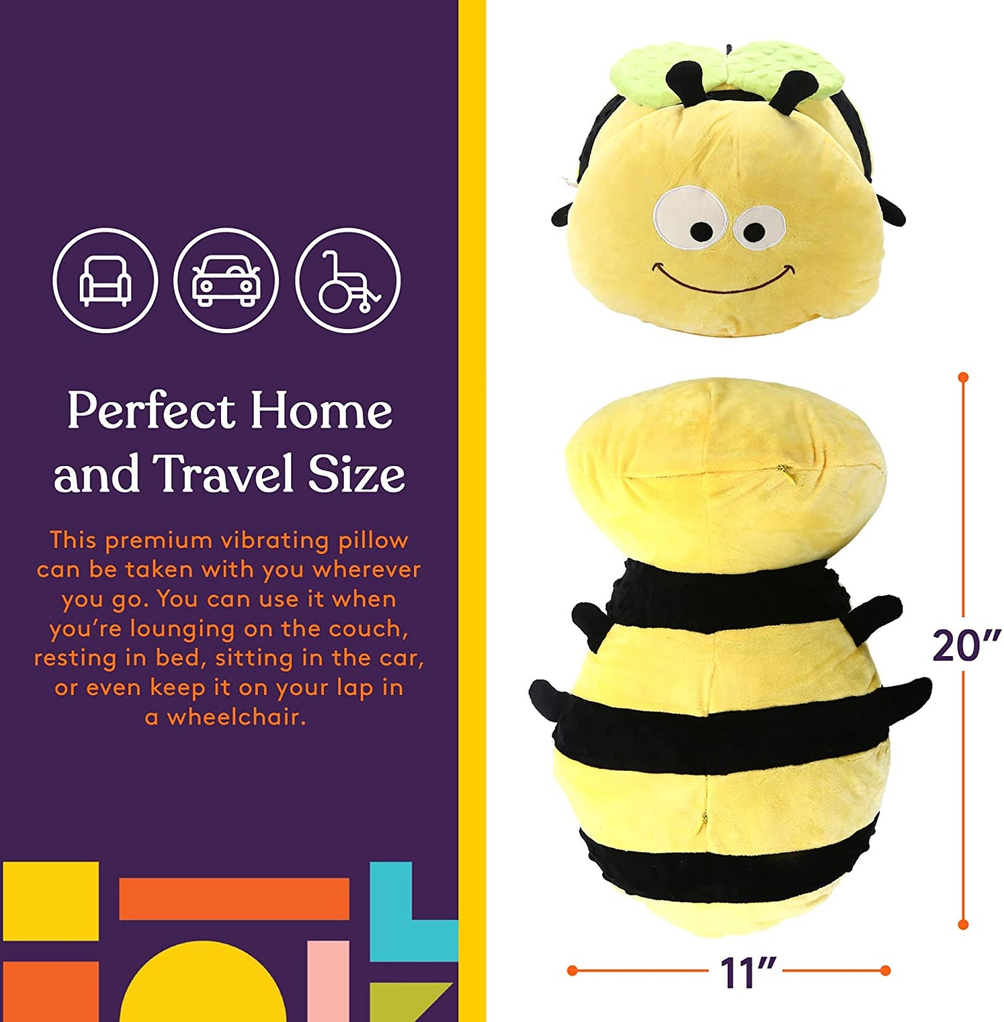 Special Supplies Bumble Bee Sensory Vibrating Pillow, Pressure Activated for Kids and Adults, Plush Minky Soft with Textured Therapy Stimulation Bumps