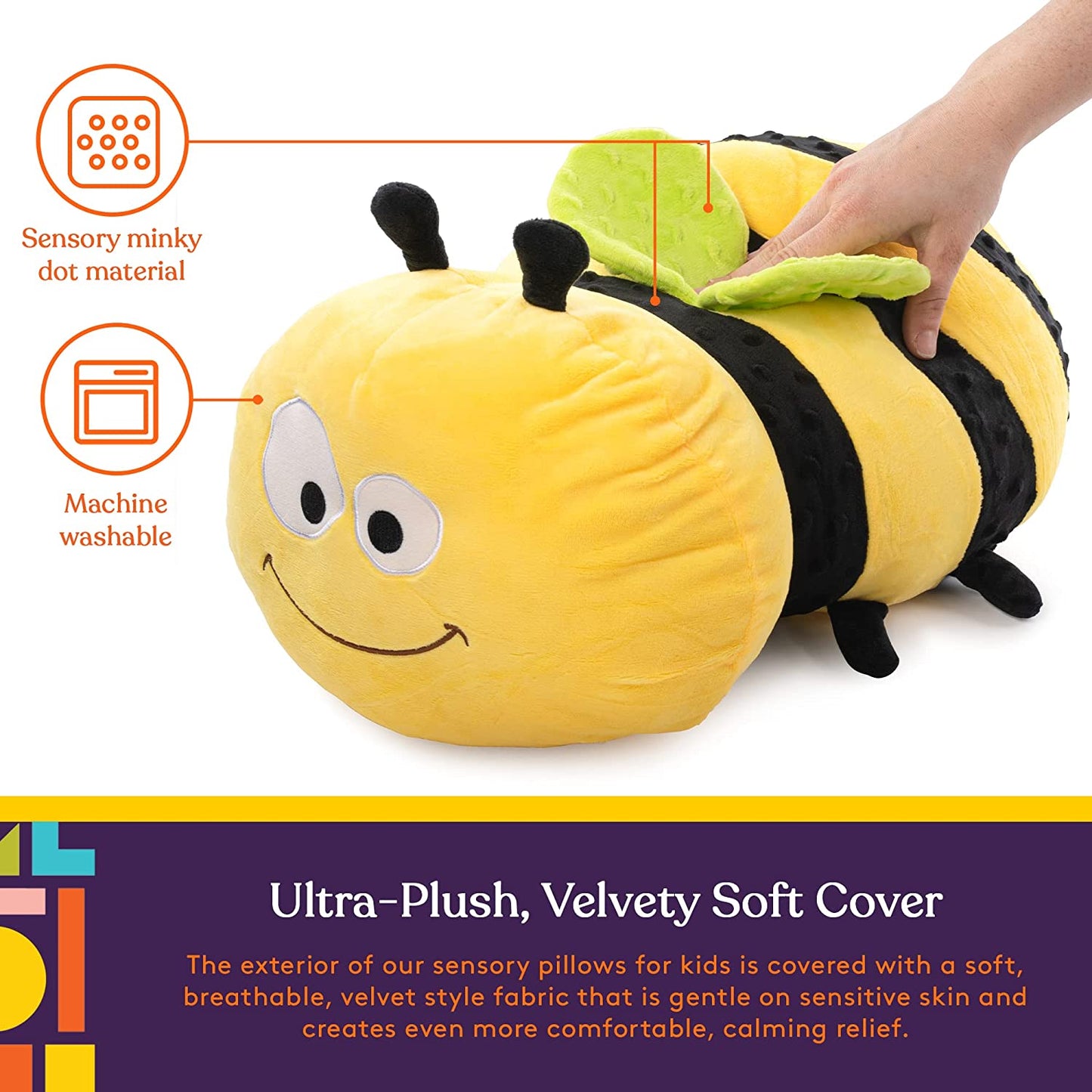 Special Supplies Bumble Bee Sensory Vibrating Pillow, Pressure Activated for Kids and Adults, Plush Minky Soft with Textured Therapy Stimulation Bumps