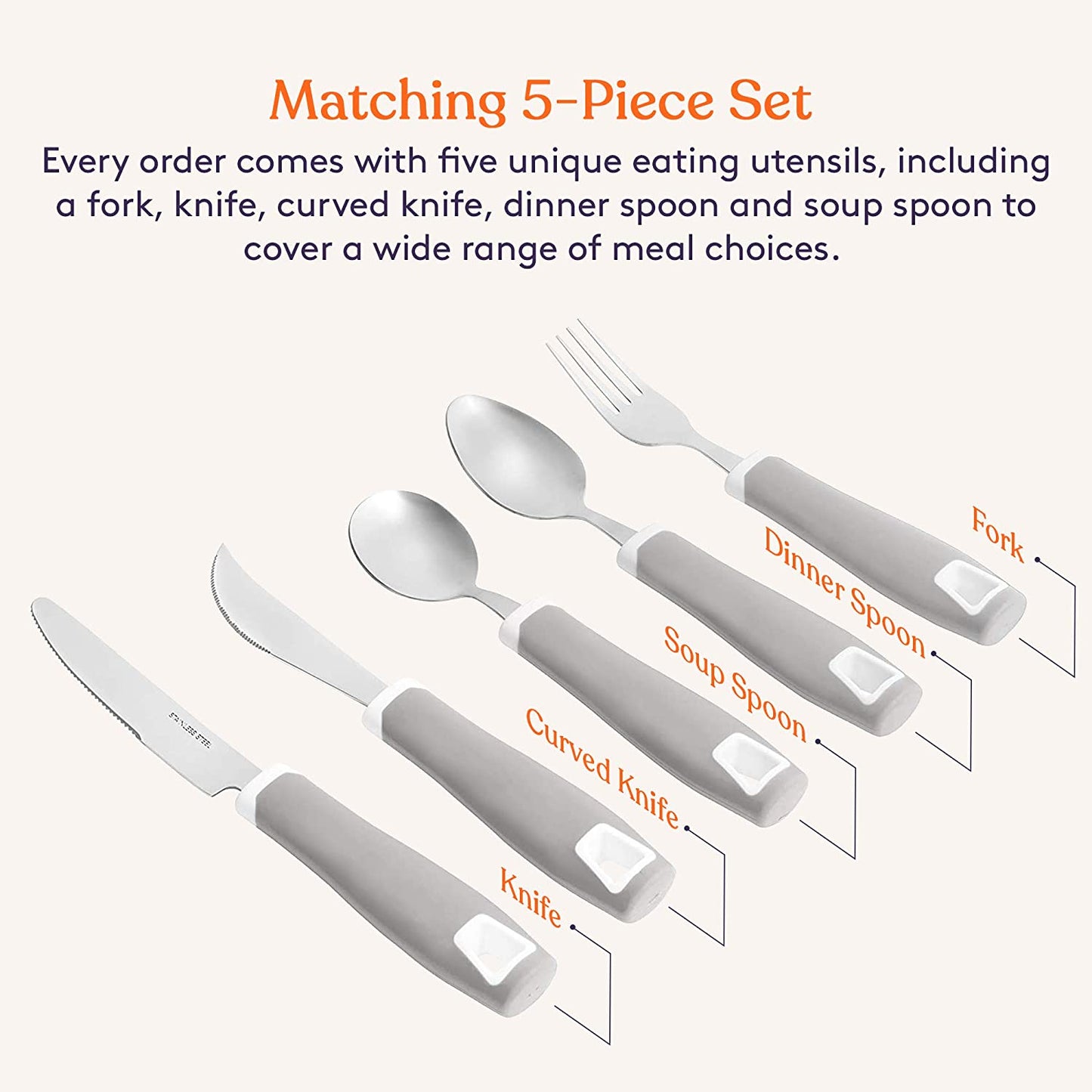 Set of 5 Gray Adaptive Utensils - Stainless Steel Knife, Rocker Knife, Fork, Soup Spoon, Dinner Spoon