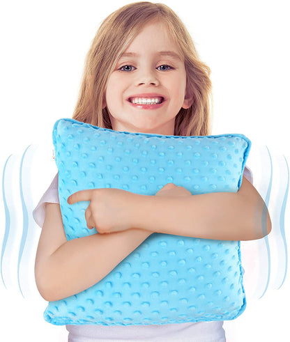 Vibrating Sensory Pillow for Kids and Adults, 12” x 12” Plush Velvet Soft Cover with Textured Therapy Stimulation, HUG TO ACTIVATE, (Blue)