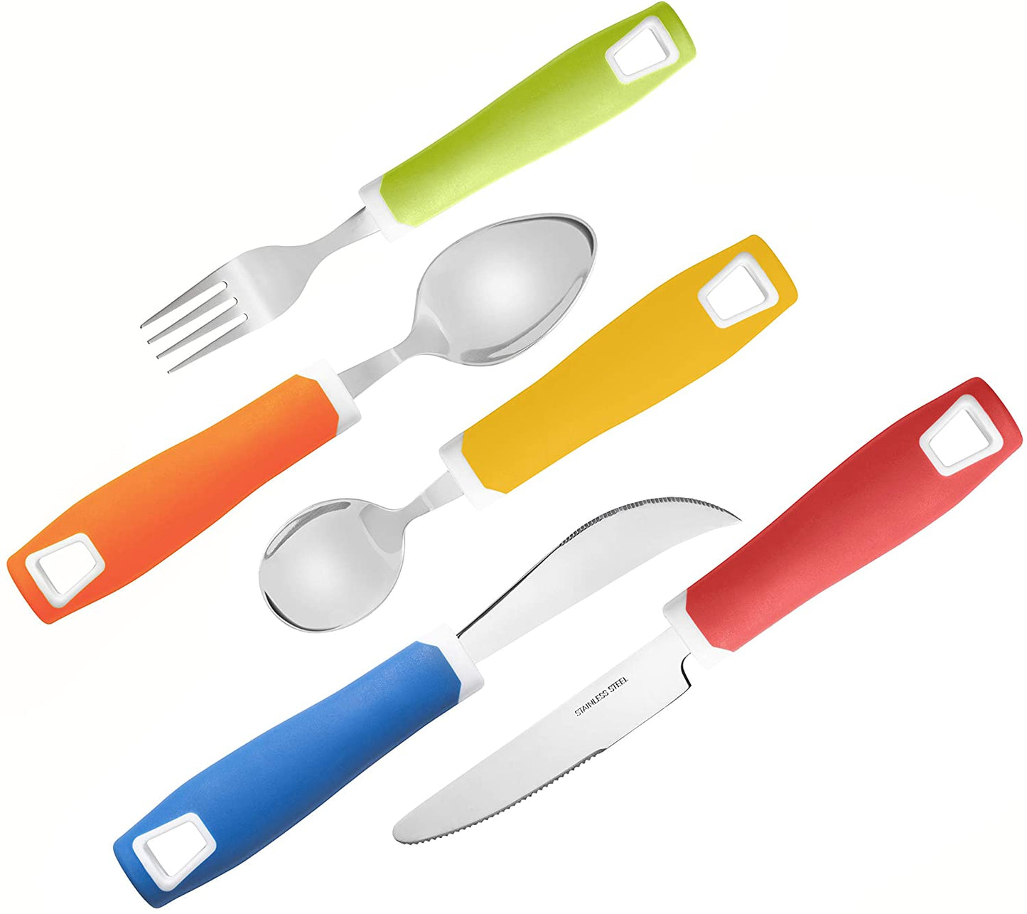 Set of 5 Colored Adaptive Utensils - Stainless Steel Knife, Rocker Knife, Fork, Soup Spoon, Dinner Spoon