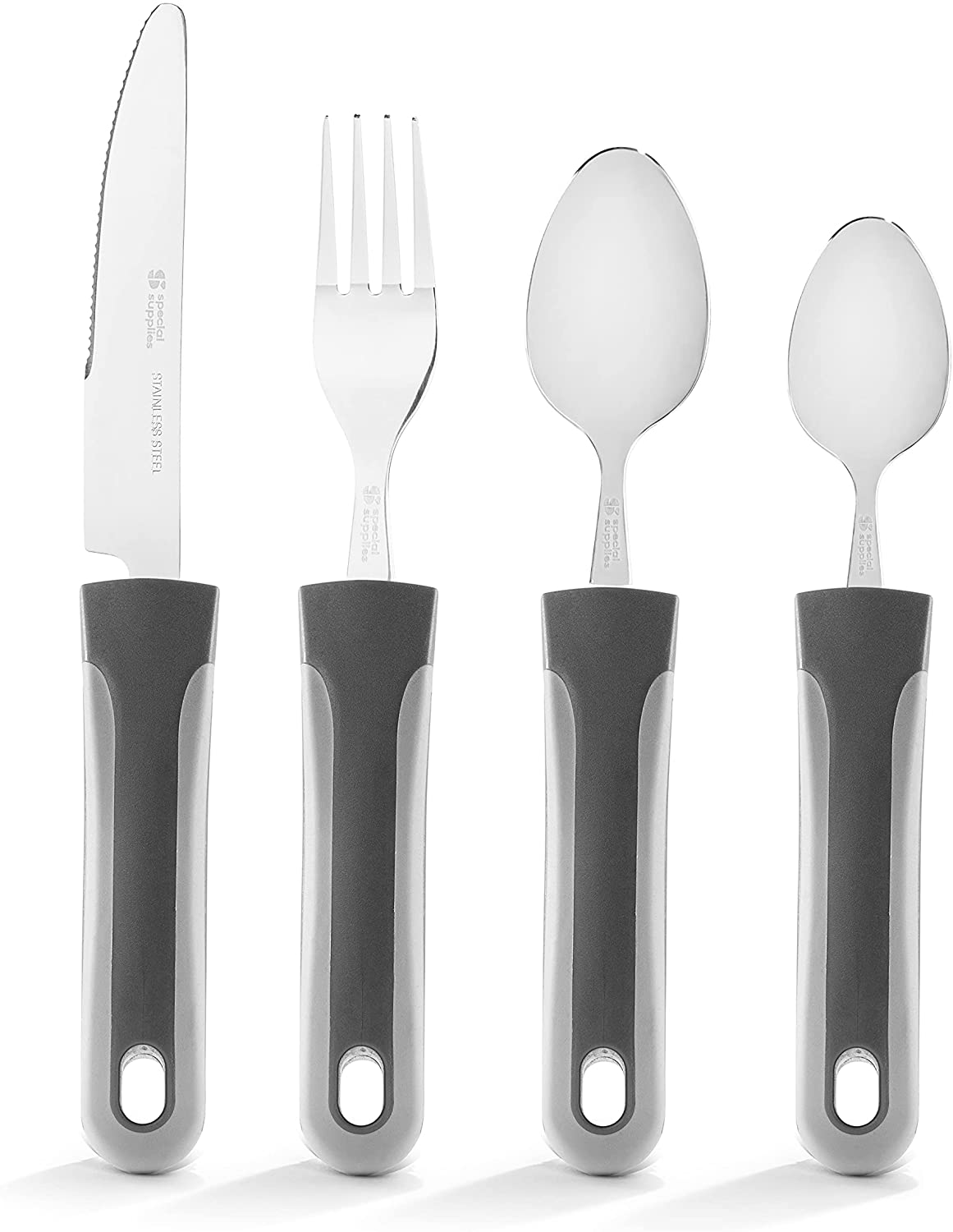 Adaptive Utensils - Arthritis Aid Silverware - Easy Grip for Shaking, Elderly & Trembling Hands - Stainless Steel Spoons, Fork & Knife Included - Gray