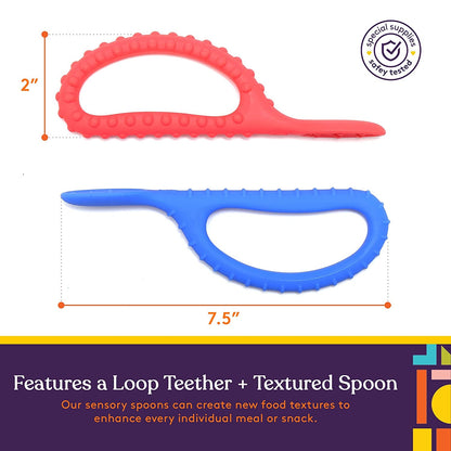 Special Supplies Duo Spoon Loops Oral Motor Therapy Tools, 2 Pack, Textured Stimulation and Sensory Input Treatment for Babies, Toddlers or Kids, BPA Free Silicone with Flexible, Easy Handle-Red & Blue