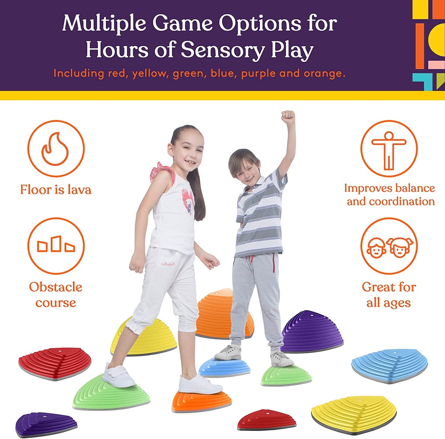 Stepping Balance Stones for Kids in Primary Colors by Special Supplies - 15 Piece Set