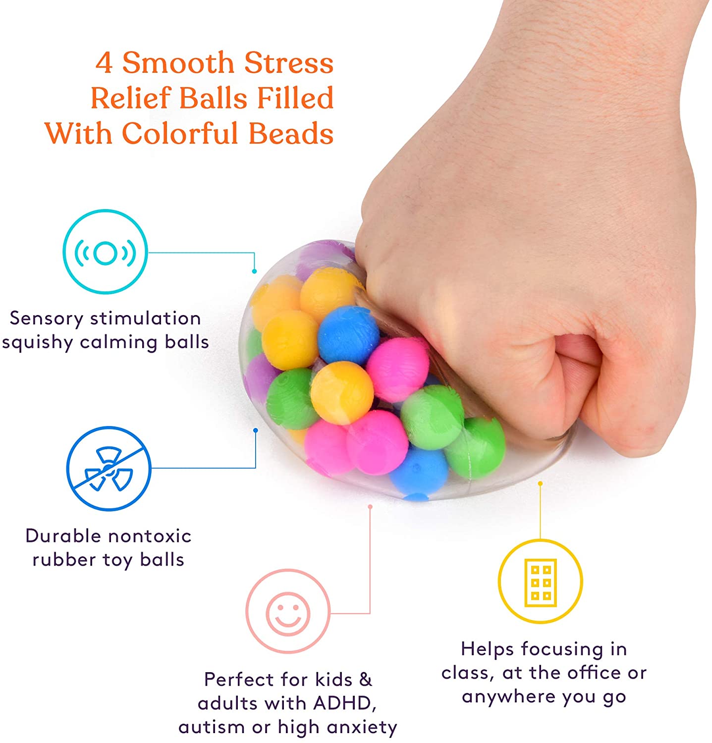 Squishy Stress Ball (4-Pack) Squeeze, Color Sensory Toy | Relieve Tension, Anxiety, ADHD | Home, Travel and Office Use | Fun for Kids and Adults