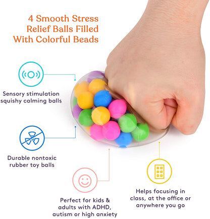 Squishy Stress Ball (4-Pack) Squeeze, Color Sensory Toy | Relieve Tension, Anxiety, ADHD | Home, Travel and Office Use | Fun for Kids and Adults