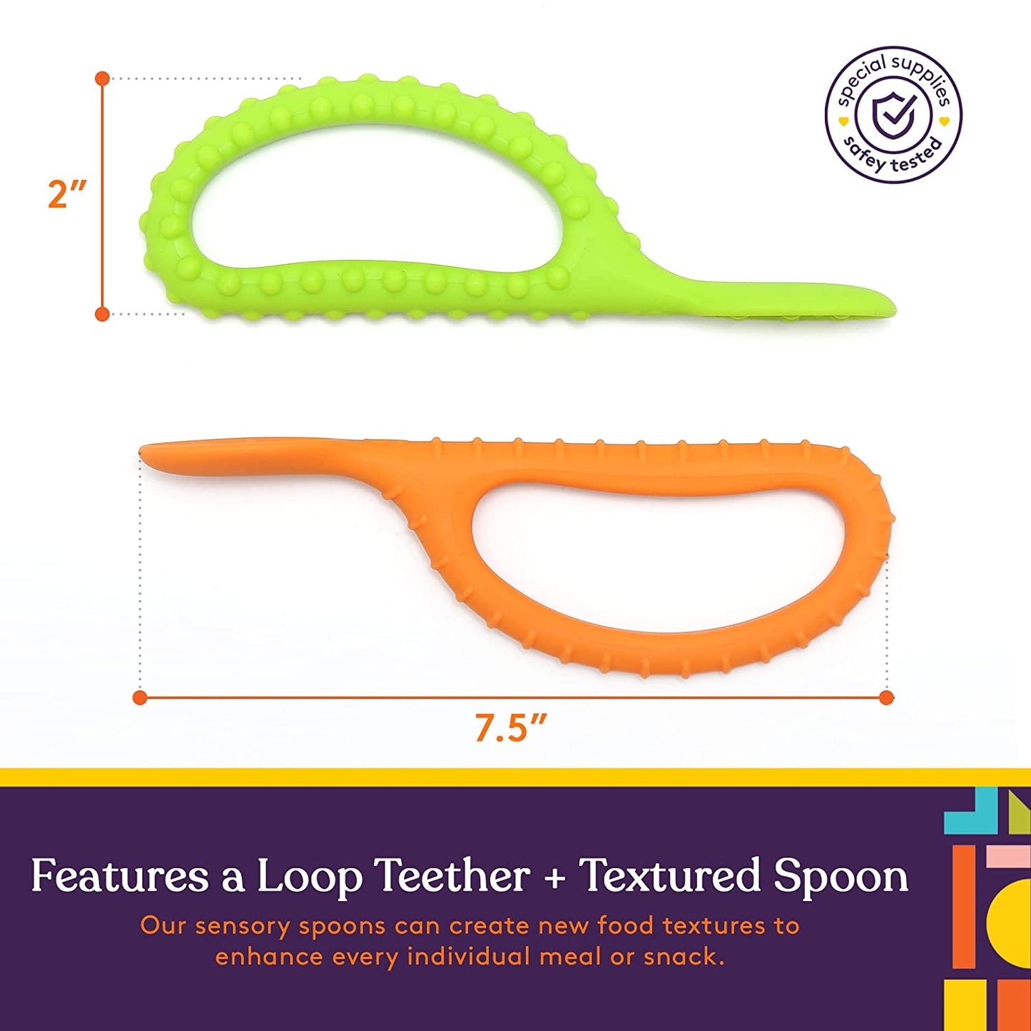 Special Supplies Duo Spoon Loops Oral Motor Therapy Tools, 2 Pack, Textured Stimulation and Sensory Input Treatment for Babies, Toddlers or Kids, BPA Free Silicone with Flexible, Easy Handle-Green & Orange