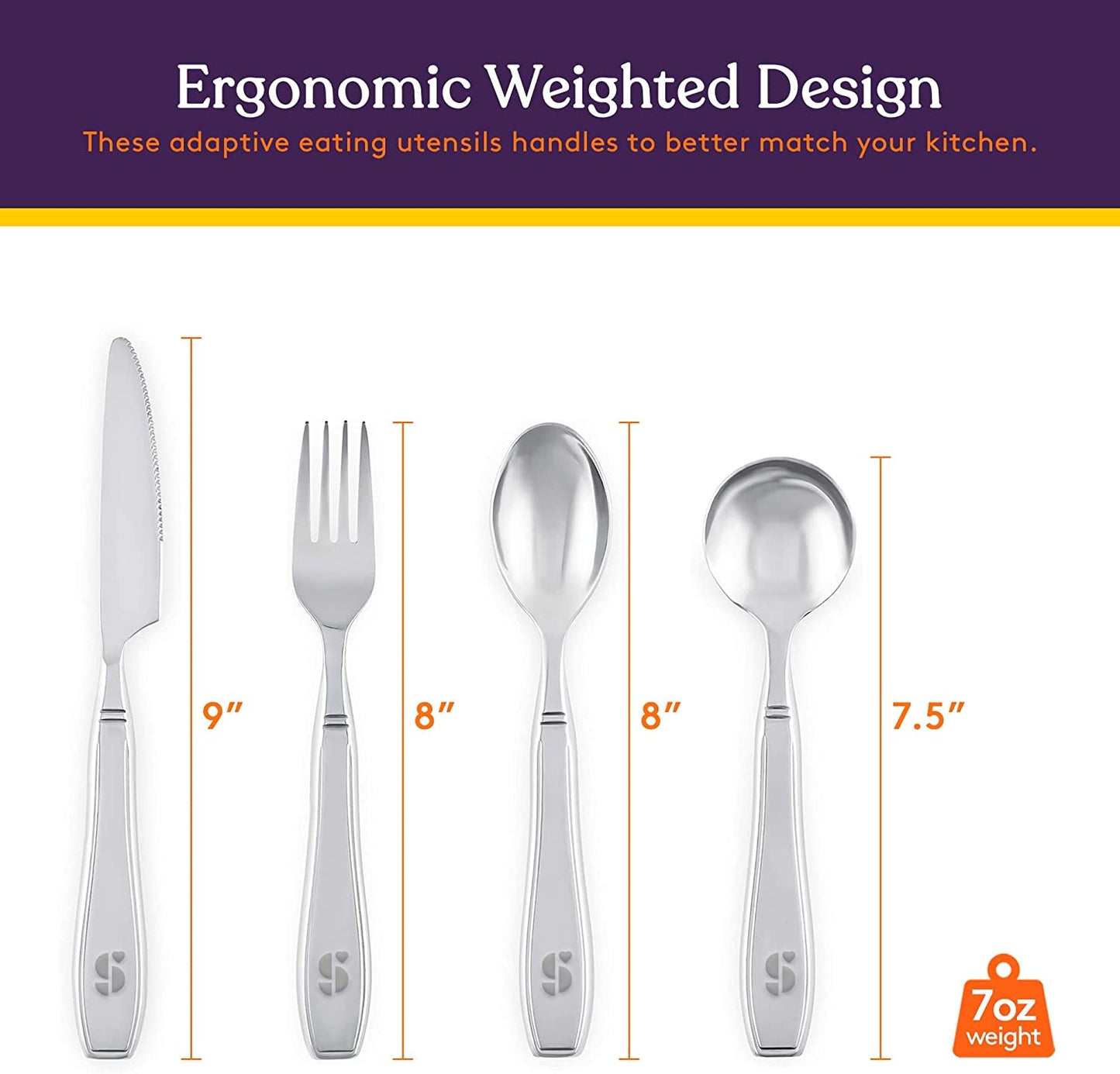 Adaptive Utensils - WEIGHTED 7 oz. Arthritis Aid Silverware - Easy Grip for Shaking, Elderly & Trembling Hands - Stainless Steel Spoons, Fork & Knife