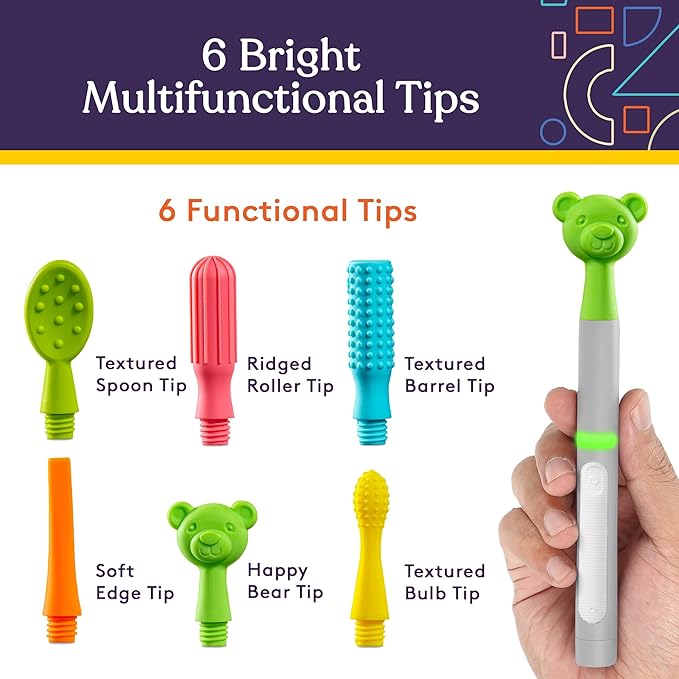 BUZZ BUDDY™ Oral Stimulation Kit with 6 Soft Textured Interchangeable Heads, Calm Sensory Needs, Support Speech, and Stimulate Self Feeding, Gentle Vibrations