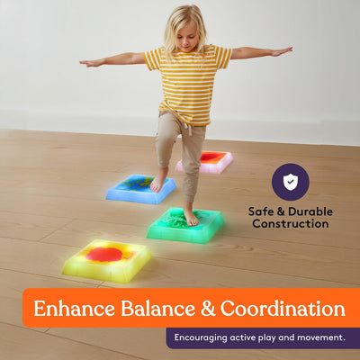 Special Supplies Liquid Gel LED Stepping Stones for Kids - Light-Up Circle Balance Blocks - Promote Coordination, Balance, Strength for Toddlers & Children - Durable Non-Slip Rubber, Safe Indoor & Outdoor Play - 4 Pack