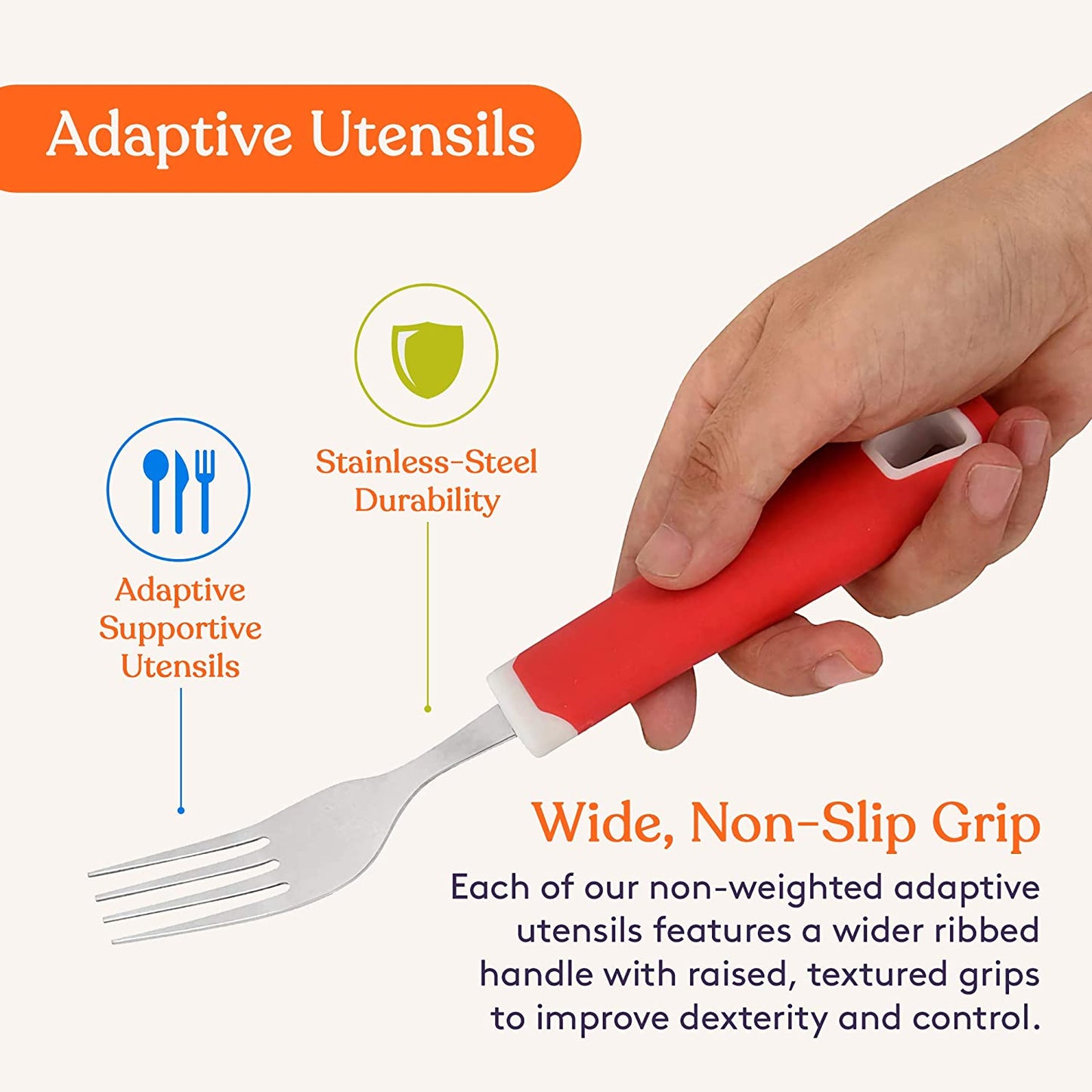 Set of 5 Red Adaptive Utensils - Stainless Steel Knife, Rocker Knife, Fork, Soup Spoon, Dinner Spoon