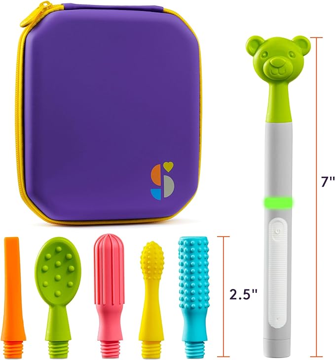 BUZZ BUDDY™ Oral Stimulation Kit with 6 Soft Textured Interchangeable Heads, Calm Sensory Needs, Support Speech, and Stimulate Self Feeding, Gentle Vibrations