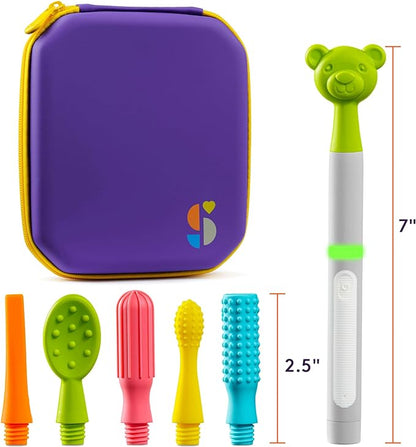 BUZZ BUDDY™ Oral Stimulation Kit with 6 Soft Textured Interchangeable Heads, Calm Sensory Needs, Support Speech, and Stimulate Self Feeding, Gentle Vibrations