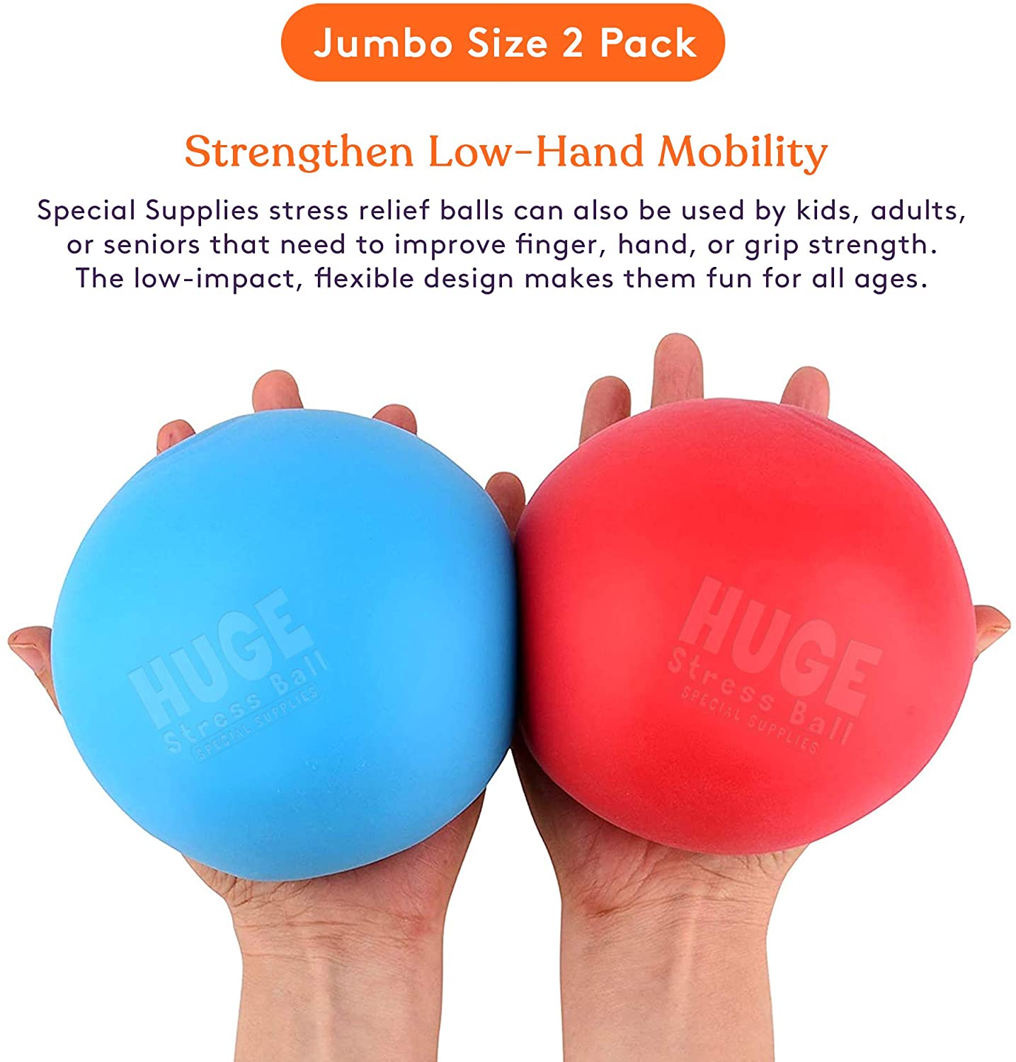 Jumbo Size Stress Balls for Kids and Adults - 2 Pack - Red and Blue