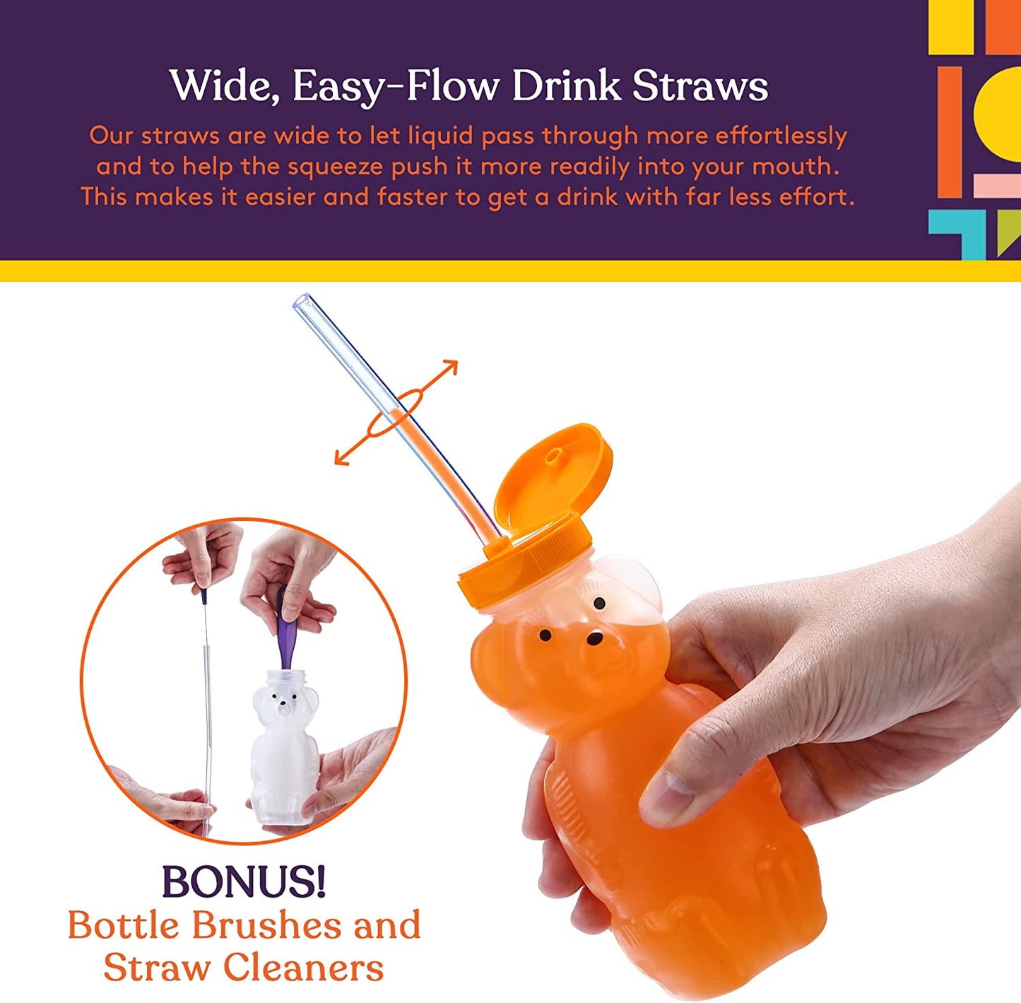 3-pack Juice Bear Bottle Drinking Cup with Long Straws (8 Ounces)