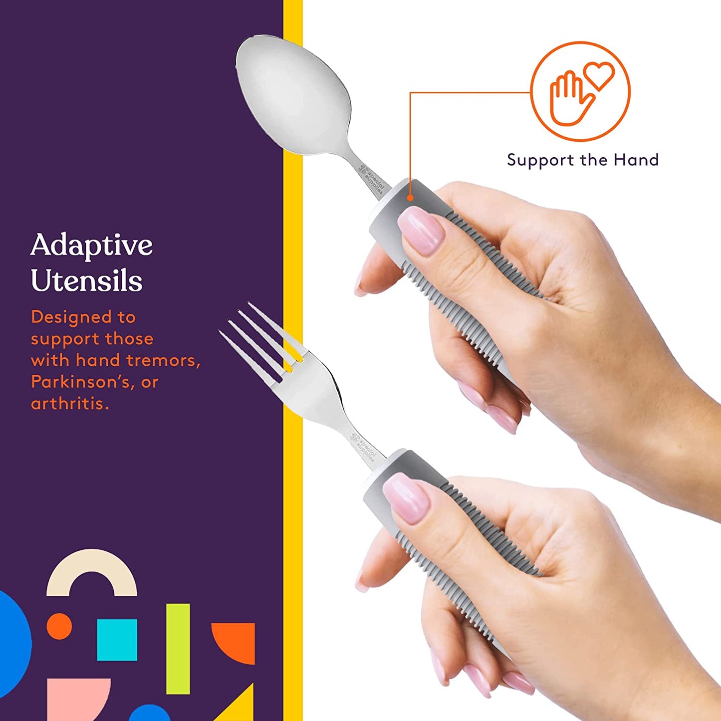 Adaptive Utensils - Arthritis Aid Silverware - Easy Grip for Shaking, Elderly & Trembling Hands - Stainless Steel Spoons, Fork & Knifes Included - Grey